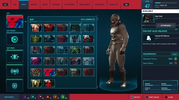 Crafting costs: 1 Base Tokens, 2 Backpack Tokens - All Marvels Spider-Man in-game suits - Suits and Gadgets - Marvels Spider-Man Game Guide