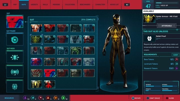 Crafting costs: 2 Research Tokens, 1 Base Token, 1 Landmark Tokens - All Marvels Spider-Man in-game suits - Suits and Gadgets - Marvels Spider-Man Game Guide