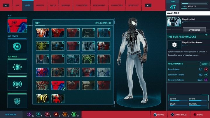 Crafting costs: 1 Research Token, 1 Base Token, 2 Landmark Tokens - All Marvels Spider-Man in-game suits - Suits and Gadgets - Marvels Spider-Man Game Guide
