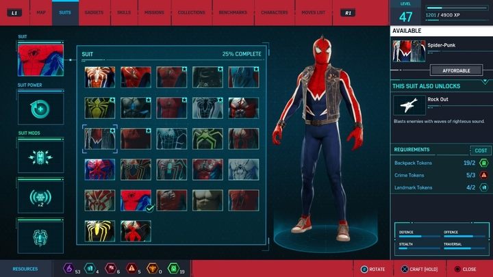 Crafting costs: 2 Landmark Tokens, 2 Backpack Tokens, 3 Crime Tokens - All Marvels Spider-Man in-game suits - Suits and Gadgets - Marvels Spider-Man Game Guide