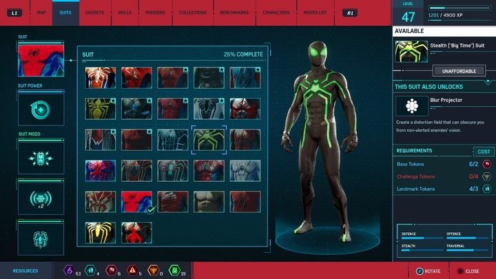 Crafting costs: 2 Base Tokens, 3 Landmark Tokens, 4 Challenge Tokens - All Marvels Spider-Man in-game suits - Suits and Gadgets - Marvels Spider-Man Game Guide