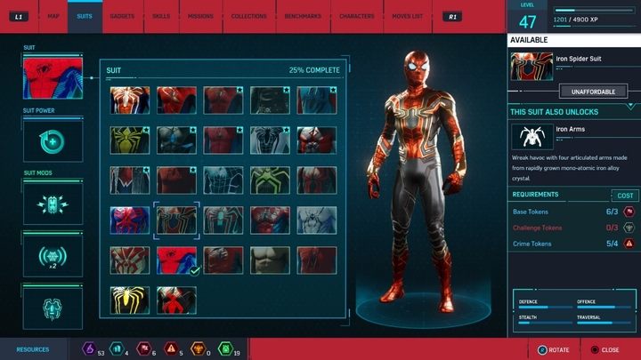 Crafting costs: 3 Base Tokens, 4 Crime Tokens, 3 Challenge Tokens - All Marvels Spider-Man in-game suits - Suits and Gadgets - Marvels Spider-Man Game Guide
