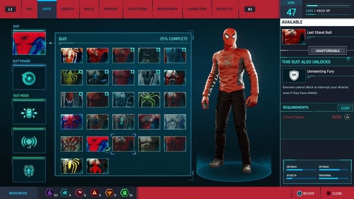 Crafting costs: 20 Crime Tokens - All Marvels Spider-Man in-game suits - Suits and Gadgets - Marvels Spider-Man Game Guide
