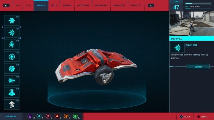 Gadget description: A powerful blow with the web, which immediately constrains enemies - Gadgets description in Marvels Spider-Man - Suits and Gadgets - Marvels Spider-Man Game Guide