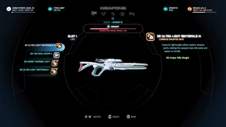 Pantalla de modificación de equipos.  - ¿Cómo modificar armas y armaduras en Mass Effect: Andromeda?  - Preguntas Frecuentes - Mass Effect: Andromeda Game Guide