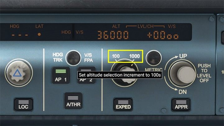 Clicking on the button perimeter sets the knob to adjust altitude every 100 or every 1,000 feet - Microsoft Flight Simulator: Autopilot in a passenger aircraft - Passenger aircraft - Microsoft Flight Simulator 2020 Guide