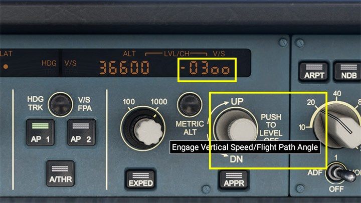 Vertical Speed mode VS is a mode that allows you to set a specific speed of ascent (if vs is positive) or descent (if vs is negative) in feet per minute - Microsoft Flight Simulator: Autopilot in a passenger aircraft - Passenger aircraft - Microsoft Flight Simulator 2020 Guide