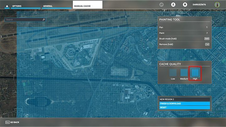 Unfortunately, if you want to mark the entire area selected earlier to change the detail to medium quality, then you will have to spare a lot of time to move the map and select smaller pieces or land - Microsoft Flight Simulator: Rolling Cache - Appendix - Microsoft Flight Simulator 2020 Guide