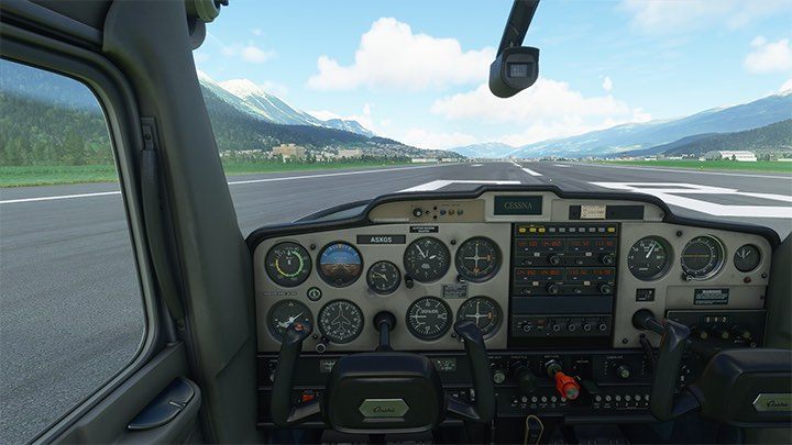 Sobald es sich bewegt, dreht sich das Flugzeug nach links, in Richtung Gras.  - Microsoft Flight Simulator: Take-off - Flugschule - Microsoft Flight Simulator 2020-Handbuch