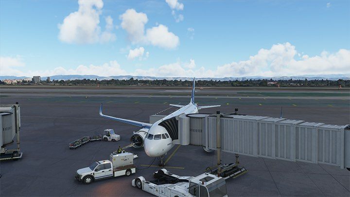 Wenn sich der Parkplatz außerhalb des Terminals befindet, können Sie die Rampenverbindung aufrufen – Microsoft Flight Simulator: Bodendienste – Grundlagen – Microsoft Flight Simulator 2020-Handbuch