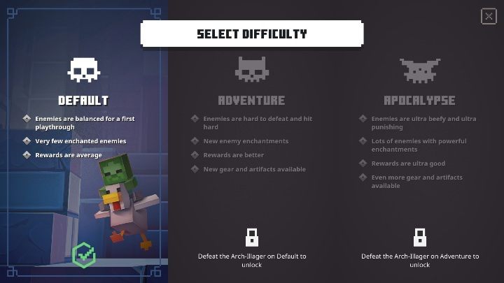 Zusätzlich zu den Schwierigkeitsgraden der Karte bietet das Spiel auch allgemeine Schwierigkeitsgrade – Minecraft Dungeons: Waffen – wie bekomme ich einen besseren?  Schwierigkeitsgrade – FAQ – Minecraft Dungeons Guide