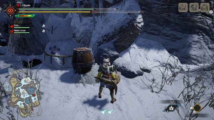 The fifth Old Message is under a cat-shaped snowman on top of a mountain, near area 5 - Monster Hunter Rise: Old Messages - Frost Islands, collectibles, map - Frosty Islands - Monster Hunter Rise Guide