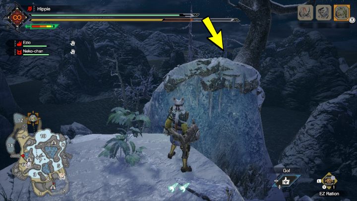 The third Rampage Old Message is on an ice rock at the end of the map, near area 6 - Monster Hunter Rise: Old Messages - Frost Islands, collectibles, map - Frosty Islands - Monster Hunter Rise Guide