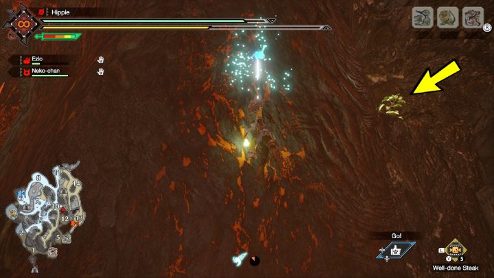 The seventh Old Message is located on a rock shelf, underground, between areas 10 and 12 - Monster Hunter Rise: Old Messages - Lava Caverns, collectibles, map - Lava Caves - Monster Hunter Rise Guide