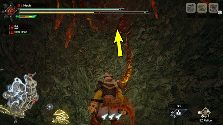 The tenth Rampage Old Message is underground, near area 11 - Monster Hunter Rise: Old Messages - Lava Caverns, collectibles, map - Lava Caves - Monster Hunter Rise Guide