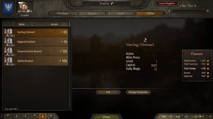 You can change the production type in your clans window by selecting the Other tab. - Mount and Blade 2 Bannerlord: Workshop - how to buy? - FAQ - Mount and Blade 2 Bannerlord Guide