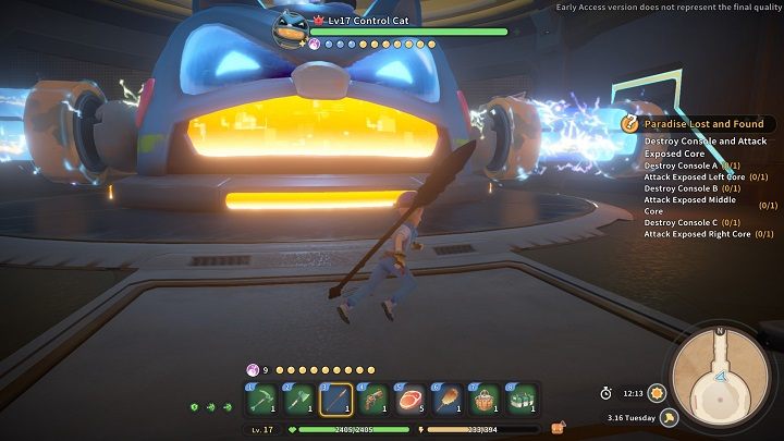 The Control Cat, though it has a health bar and shields like all the other bosses, doesn't actively try to fight you - My Time at Sandrock: Paradise Lost and Found - walkthrough - Main missions - My Time at Sandrock Guide, Walkthrough