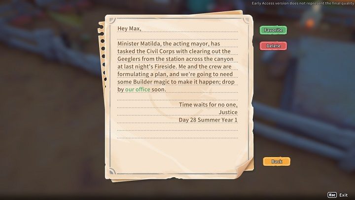 The quest will begin as you read a letter from Justice asking you to appear at the Civil Corps office - My Time at Sandrock: Operation De-Geeglate - walkthrough - Main missions - My Time at Sandrock Guide, Walkthrough