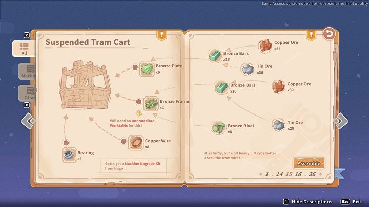 Approach the Assembly Station and select the Suspended Tram Cart diagram - My Time at Sandrock: Operation De-Geeglate - walkthrough - Main missions - My Time at Sandrock Guide, Walkthrough