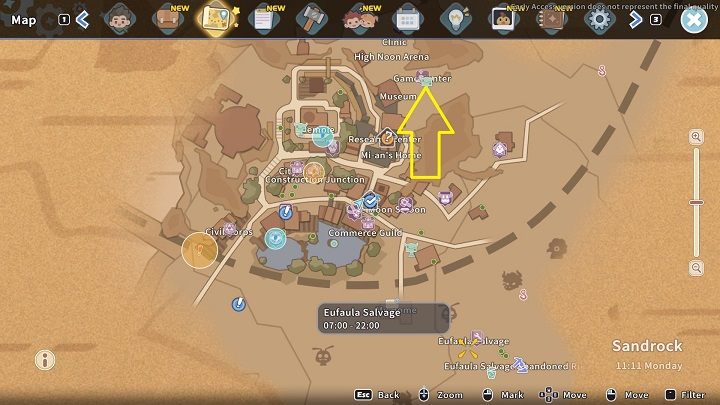 The Golden Goose Game Center can be found in the northeast part of town, near the Museum - My Time at Sandrock: Game Center - Basics - My Time at Sandrock Guide, Walkthrough