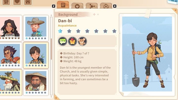 Dan-bi is dedicated to the church and often helps out at Church of the Light, where she mainly handles food deliveries - My Time at Sandrock: Characters and Romance - Basics - My Time at Sandrock Guide, Walkthrough