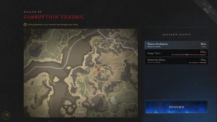 After the death of the character, you will see a window with information about what killed you, as well as places where you can respawn - New World: Death - what are the consequences? - FAQ - New World Guide