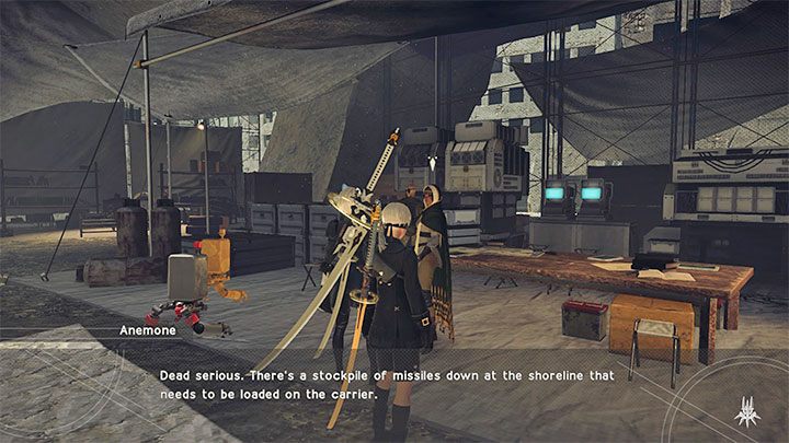 After reaching the Resistance Camp listen to the conversation on the radio and meet with Anemone - NieR Automata: Chapter 7, Route A - walkthrough - Route A - NieR Automata Guide