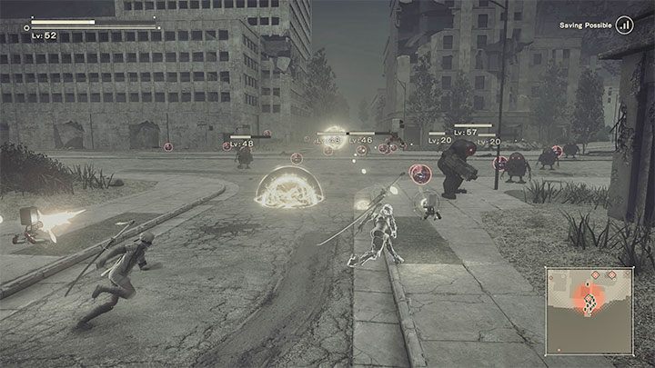 In each of the 3 locations, you will encounter a large group of machines and you can attack them using any of 2B's main attacks and Pod programs - NieR Automata: Chapter 11, 2B and 9S - Route C, D - walkthrough - Route C and D - NieR Automata Guide