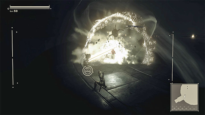 One of the battles will take place in the dark and it's worth using the option to lock your camera on the opponents so that your ranged attacks won't have the chance to miss - NieR Automata: Chapter 13, 9S - Route C, D - walkthrough - Route C & D - NieR Automata Guide