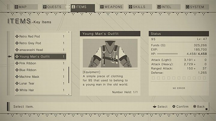 Each rank has its own rewards, and by defeating the first group of enemy machines, you can get a unique Young Man's Outfit for 9S, which you can put on in the inventory - Nier Automata: Forest Zone and Forest Castle - walkthrough, side missions - Side missions - NieR Automata Guide