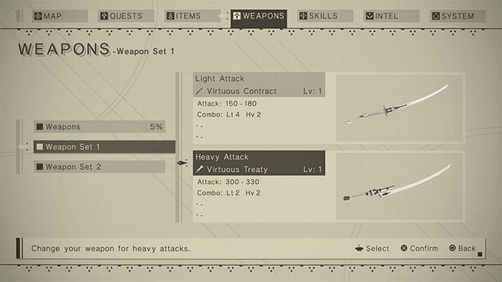 Вы можете просмотреть и установить оружие как активное на вкладке «Оружие» - NieR Automata: Combat - Основы - NieR Automata Guide