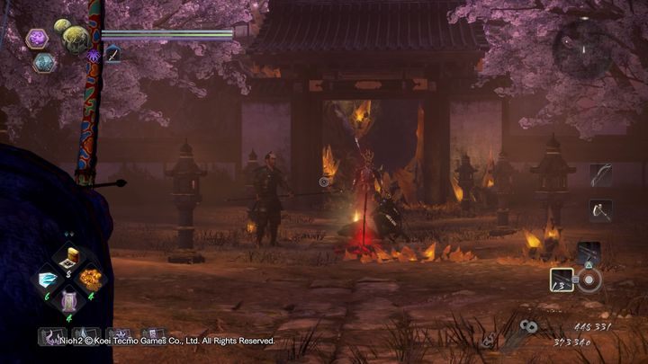 Shoot down the first two weaker warriors, then take destroy the last and more powerful soldier who uses a spear - NiOh 2: Cherry Blossom Viewing in Daigo walkthrough - Main missions - NiOh 2 Guide