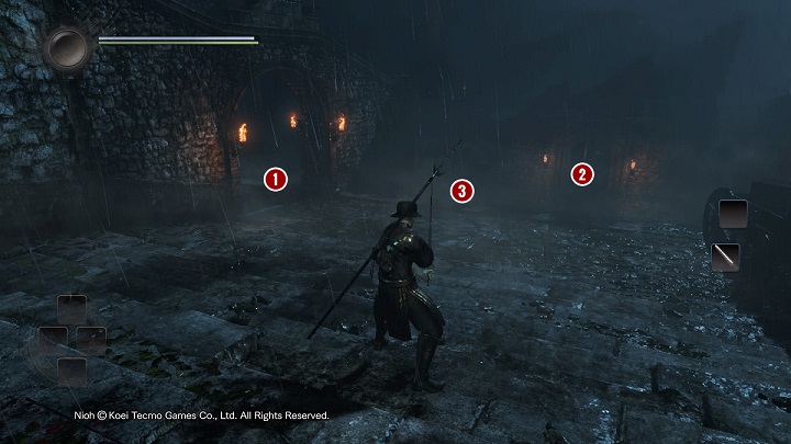 Proceed to the other part of the courtyard, and descend down the stairs - The Man with the Guardian Spirit | Main missions - Main missions - NiOh Game Guide