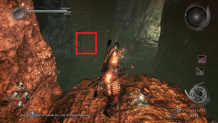 The first spirit is hidden on the ledge shown on the picture - The Silver Mine Writhes | Main missions - Main missions - NiOh Game Guide