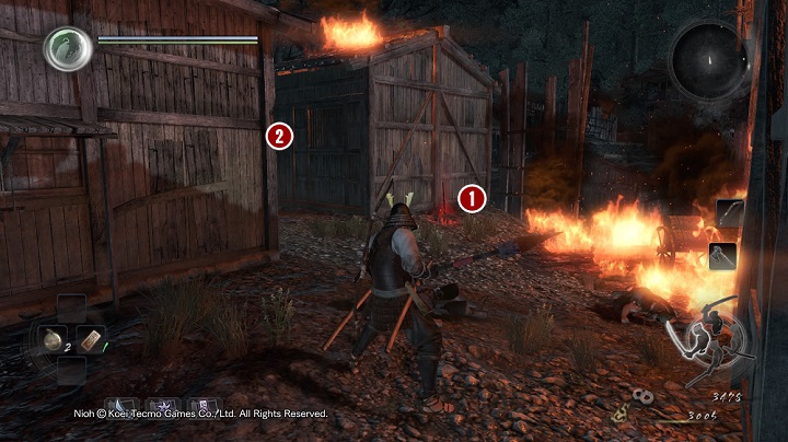 When you defeat the demon you notice that the road ahead is blocked by a wall of fire - Isle of Demons part 2 | Main missions - Main missions - NiOh Game Guide
