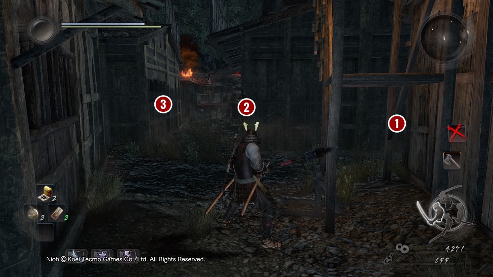 When you defeat the enemy inside the house with collapsing rooftop leave it and you will find yourself in the alley on the picture above - Isle of Demons part 2 | Main missions - Main missions - NiOh Game Guide