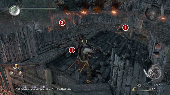 The roof on which they stood is broken which means that if you got on it, you would fall down and land right in front of a heavy armored samurai - Isle of Demons part 2 | Main missions - Main missions - NiOh Game Guide