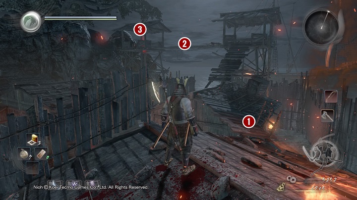 If you stay on the roofs then you should know that on the near wooden catwalk there is a warrior with a spear which cant be seen because of the smoke - Isle of Demons part 2 | Main missions - Main missions - NiOh Game Guide