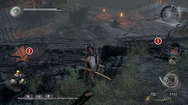 The ships surroundings consists mostly of two buildings and the bridge that leads to the boss arena - Isle of Demons part 2 | Main missions - Main missions - NiOh Game Guide
