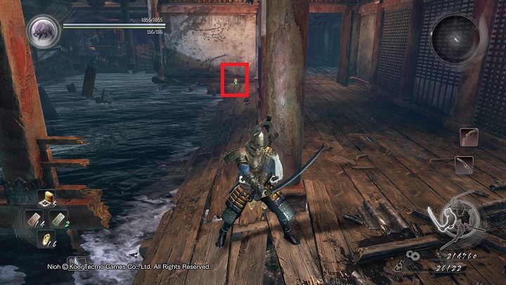 The path ahead of you leads left but if you reach the edge of the wall on the right and go behind it, you will be able to find a Kodama hiding on a pier - The Ocean Roars Again | Main missions - Main missions - NiOh Game Guide