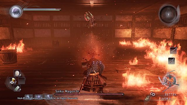 Watch out for the flames around the arena - Saika Magoichi | Boss battle - Boss Encounters - NiOh Game Guide