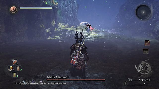 You have to watch out for the enemy attacks from the very beginning of the battle - Ishida Mitsunari | Boss battle - Boss Encounters - NiOh Game Guide