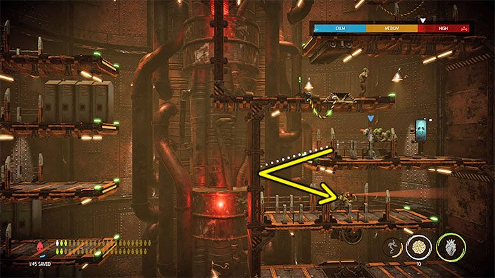 We are now heading down, passing through the right side of the tower and recruiting 1 Mudokon - Oddworld Soulstorm: Sneak into the Overlook Tower, Slig Barracks - walkthrough - 9: Slig Barracks - Oddworld Soulstorm Guide