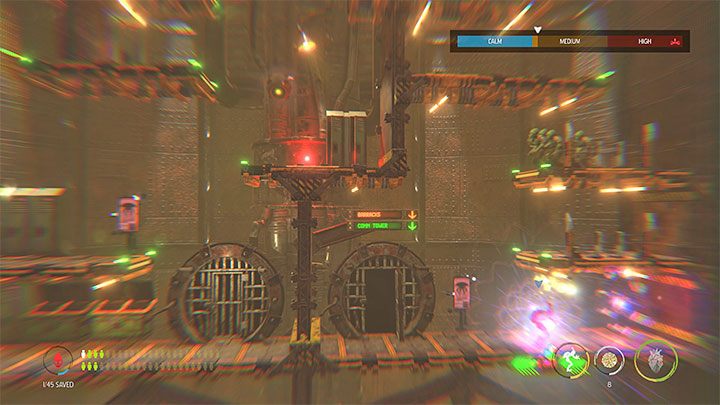 We reach the elevator and go down - Oddworld Soulstorm: Sneak into the Overlook Tower, Slig Barracks - walkthrough - 9: Slig Barracks - Oddworld Soulstorm Guide