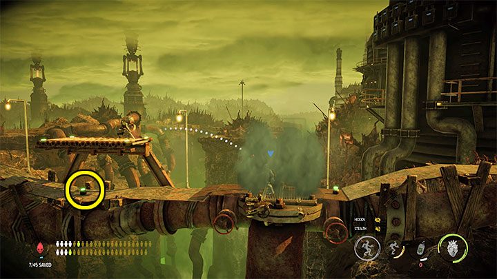 We move to the left and watch out for Sligs firing at us from a distance - Oddworld Soulstorm: Sneak into the Overlook Tower, Slig Barracks - walkthrough - 9: Slig Barracks - Oddworld Soulstorm Guide