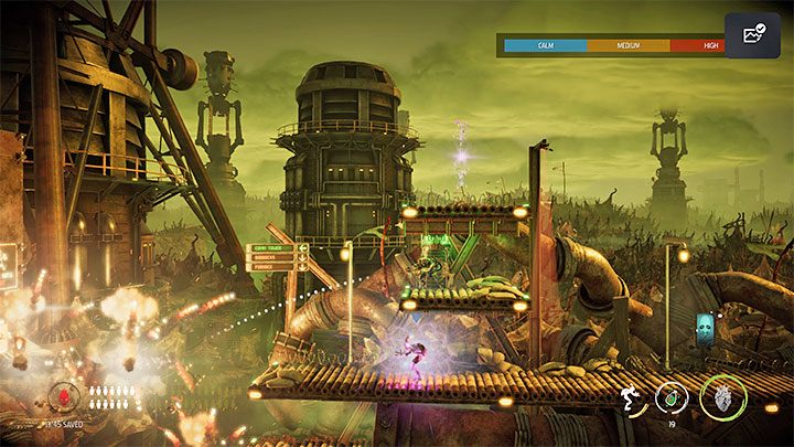 In the next area, we need to be aware that even if we blind the scanner with a smoke screen grenade, another enemy will still come out of the guard on the central shelf - Oddworld Soulstorm: Sneak into the Overlook Tower, Slig Barracks - walkthrough - 9: Slig Barracks - Oddworld Soulstorm Guide