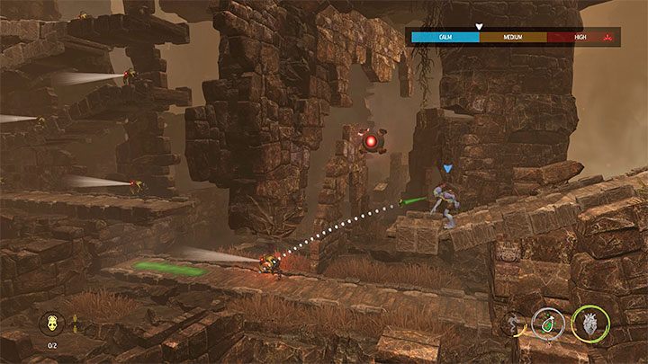 You'll encounter a single Slig to the left of the checkpoint, but we can not use the possession, because chanting is blocked by the Chant Suppressor - Oddworld Soulstorm: Finding other Mudokons, the Ruins - walkthrough - 2: The Ruins - Oddworld Soulstorm Guide