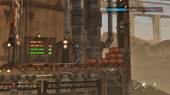 The main character will soon reach the new Work Wheel, but before you use it, make sure that no one is heading in your direction - Oddworld Soulstorm: Reaching the Fueling Tower, Phat Station - walkthrough - 6: Phat Station - Oddworld Soulstorm Guide