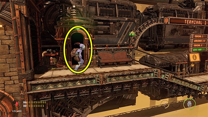 Before you leave this place, press the button shown in picture 1 - Oddworld Soulstorm: Unlocking the platform in Workzone 1 - walkthrough - 14: Feeco Depot - Oddworld Soulstorm Guide