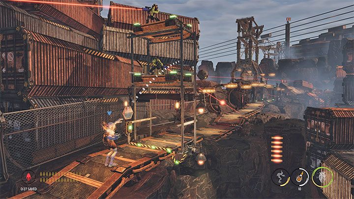 After you get under the sniper tower, press the button to unlock the passage - Oddworld Soulstorm: Reaching the Security Station by crane - walkthrough - 15: The Yards - Oddworld Soulstorm Guide